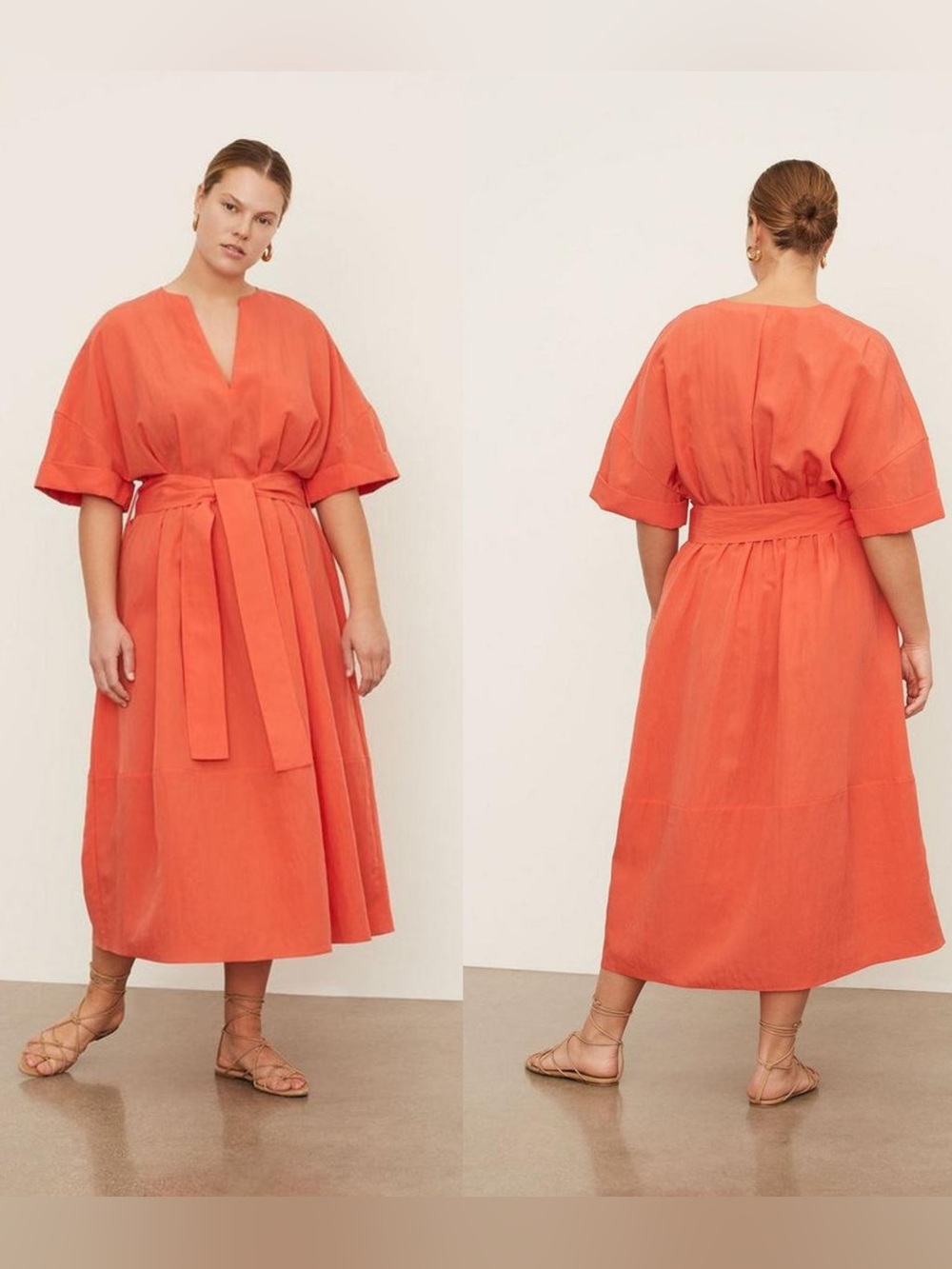 Vince Burnt Orange Tencel Midi Dress Belted Cuff Sleeve V-Neck Size L MSRP $425‎